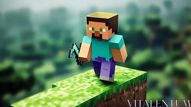 Blocky Minecraft Figure in Green Landscape AI Image