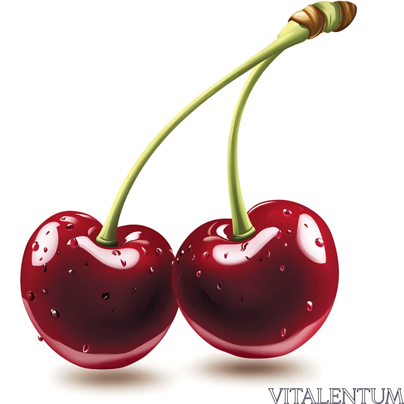 Pair of Ripe Cherries with Stems AI Image