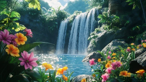 Scenic Waterfall Amidst Tropical Flowers