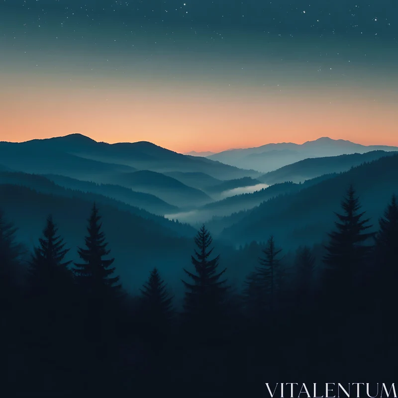 Sunset Transitioning to Night Over Misty Mountain Range AI Image