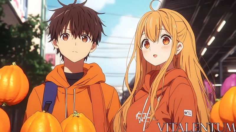 Anime Duo in Vibrant Pumpkin Market AI Image