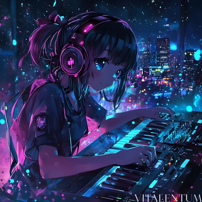 Night Music in Anime Neon City AI Image