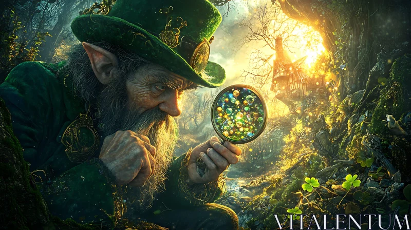 AI ART Leprechaun studies magic orb in forest