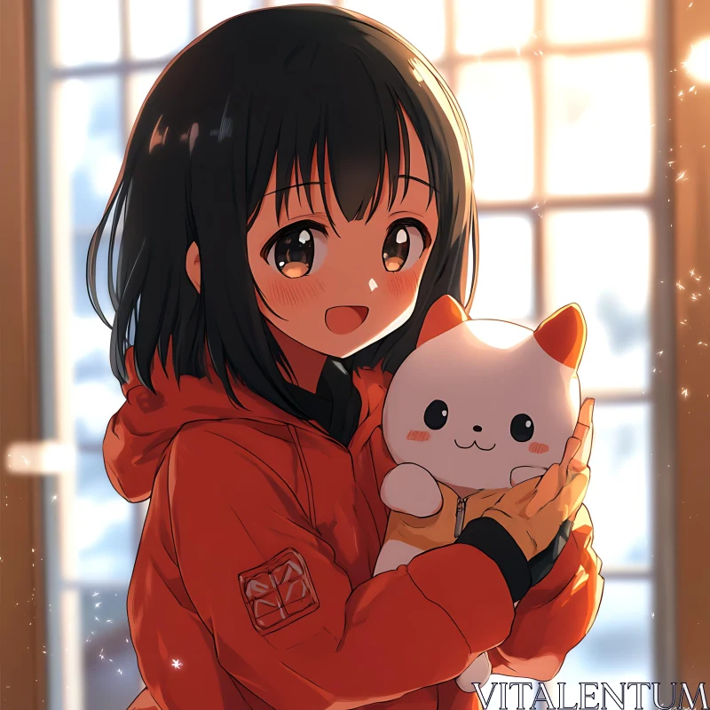 Cute Black-Haired Anime Girl with Plushie AI Image