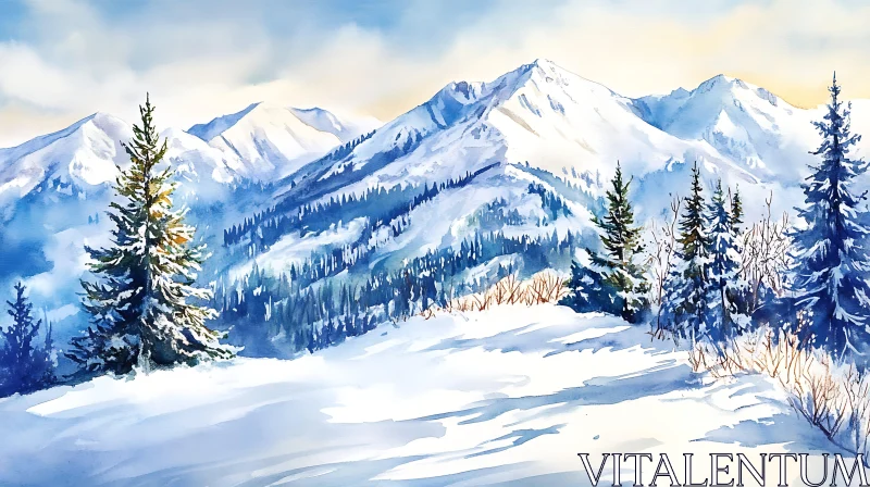 Winter Mountains Watercolor Painting AI Image