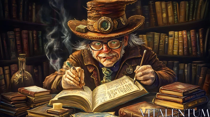 Steampunk Wizard Writing Book AI Image