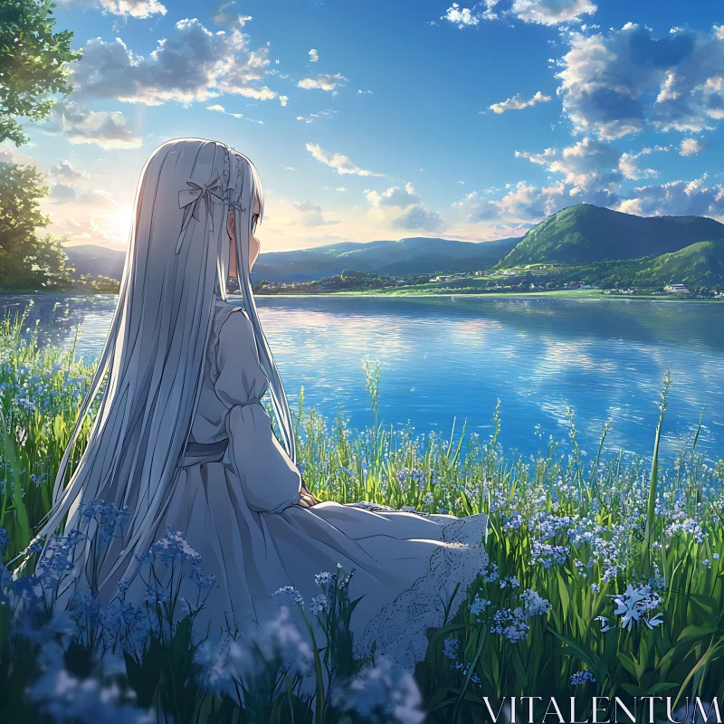 Serene Anime Lakeside Landscape with Girl AI Image