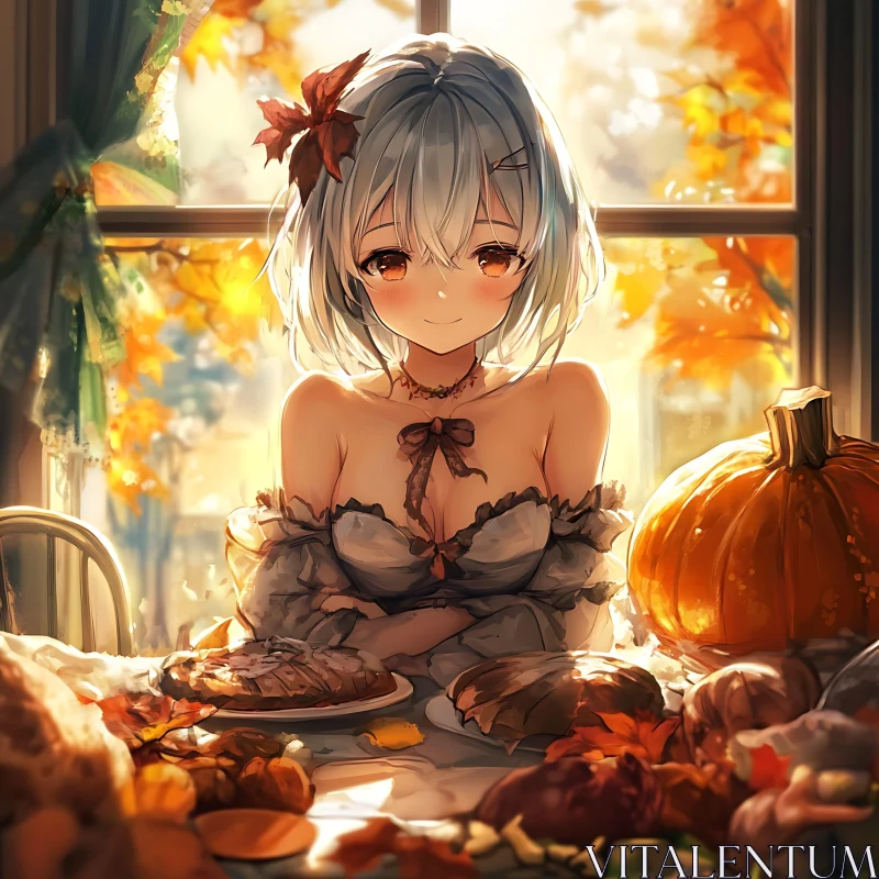 Anime Autumn Scene with Girl and Seasonal Items AI Image