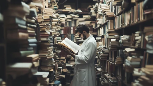 Scientist Reads Book in Crowded Library