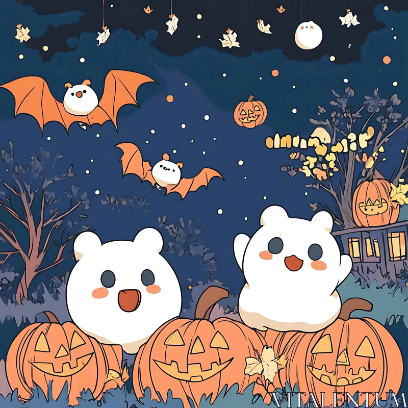 Cute Halloween Illustration with Bears and Bats AI Image