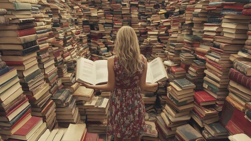 Woman Reading Among Towering Book Stacks