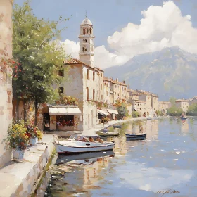 Tranquil Waterside Town with Tower View