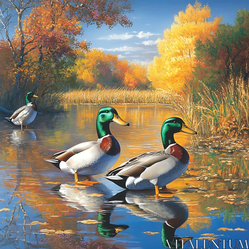 Ducks in Autumnal Reflection AI Image
