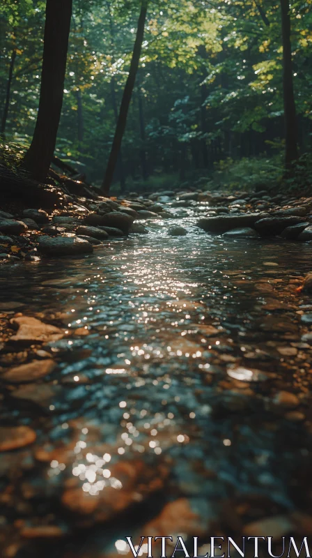 Tranquil Forest Stream in Sunlight AI Image