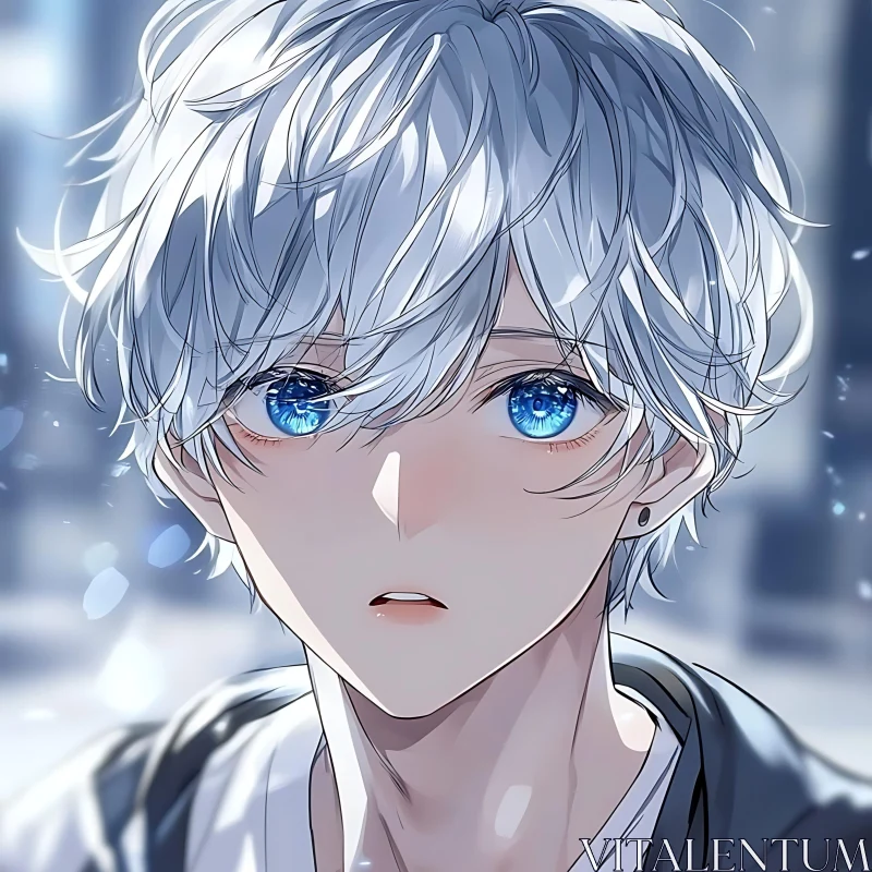 Striking White-Haired Anime Character with Blue Eyes AI Image