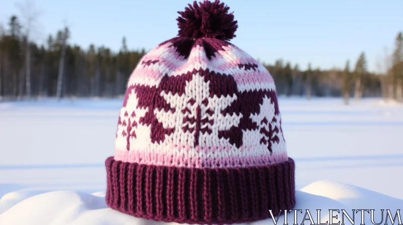 Enchanting Knitted Hat in Shades of Purple and White | Serene Snow Scenes AI Image