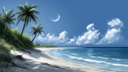 Tropical Beach with Crescent Moon