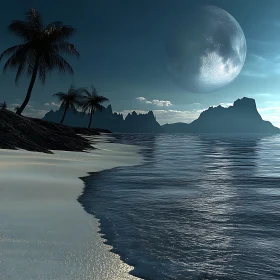 Night Ocean View with Giant Moon