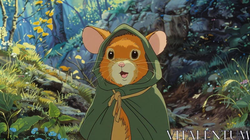 AI ART Enchanted Forest Mouse in Green Cloak