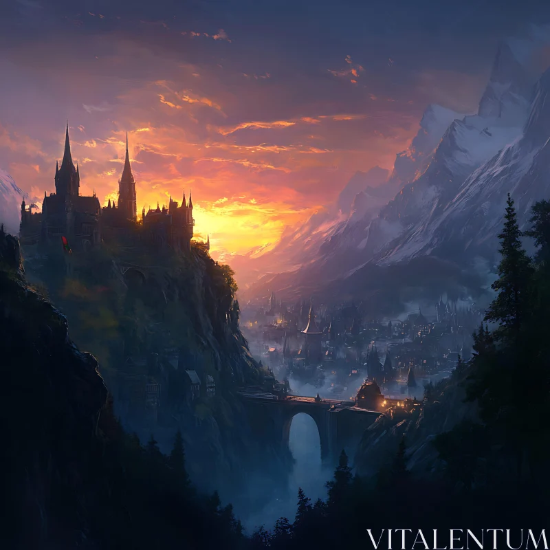 Mountain Castle at Sunset AI Image