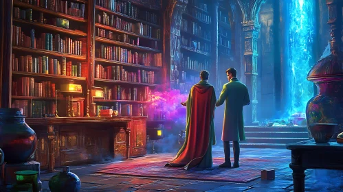 Magical Library with Figures and Portal