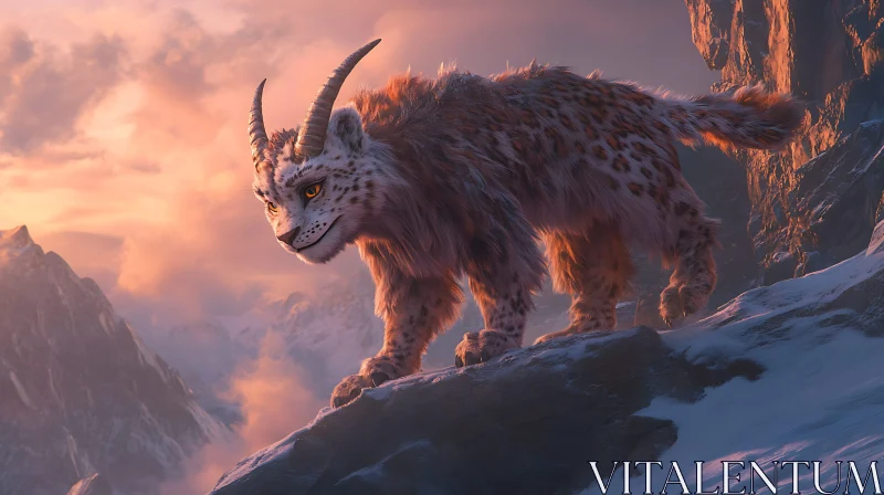 Snow Leopard with Horns in Mountain Landscape AI Image