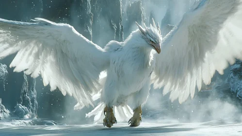 White Griffin Spreading Wings on Snow