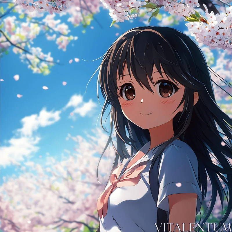 Anime Girl Amidst Blooming Cherry Trees AI Image