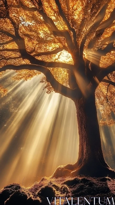 Golden Sunbeams through Forest Canopy AI Image