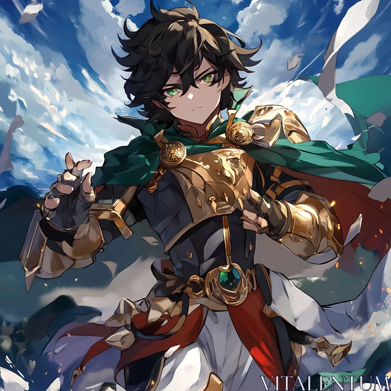 Anime Character in Golden Armor with Green Cloak AI Image