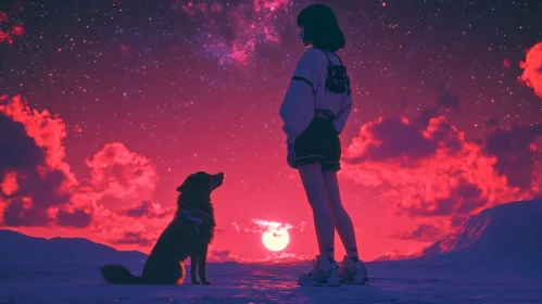 Girl and Dog at Sunset