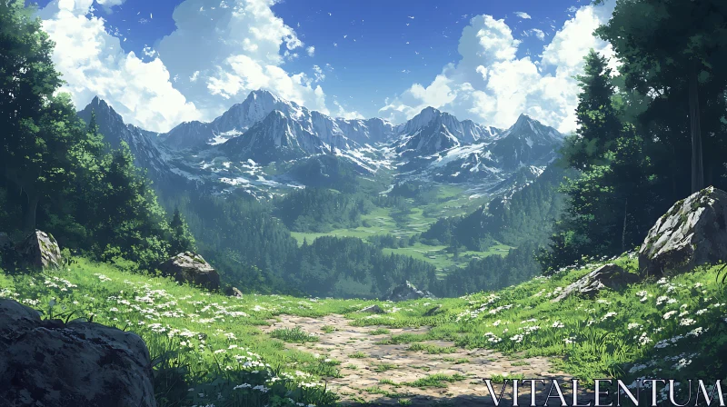 Snowy Peaks and Wildflower Meadow View AI Image