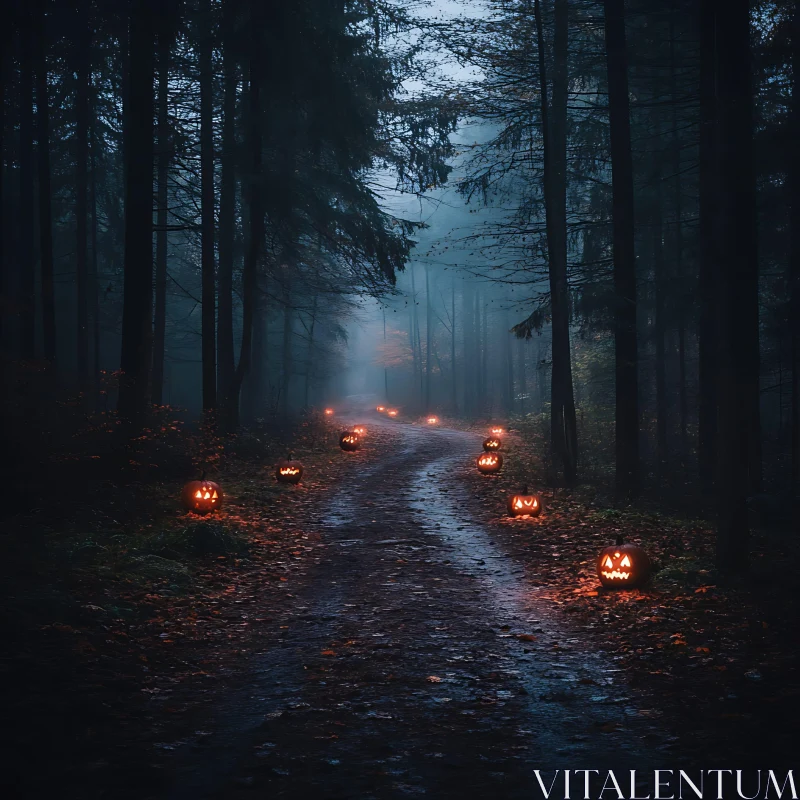 Eerie Night in a Forest with Illuminated Pumpkins AI Image