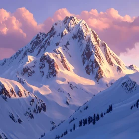 Winter Mountain Landscape with Pink Clouds