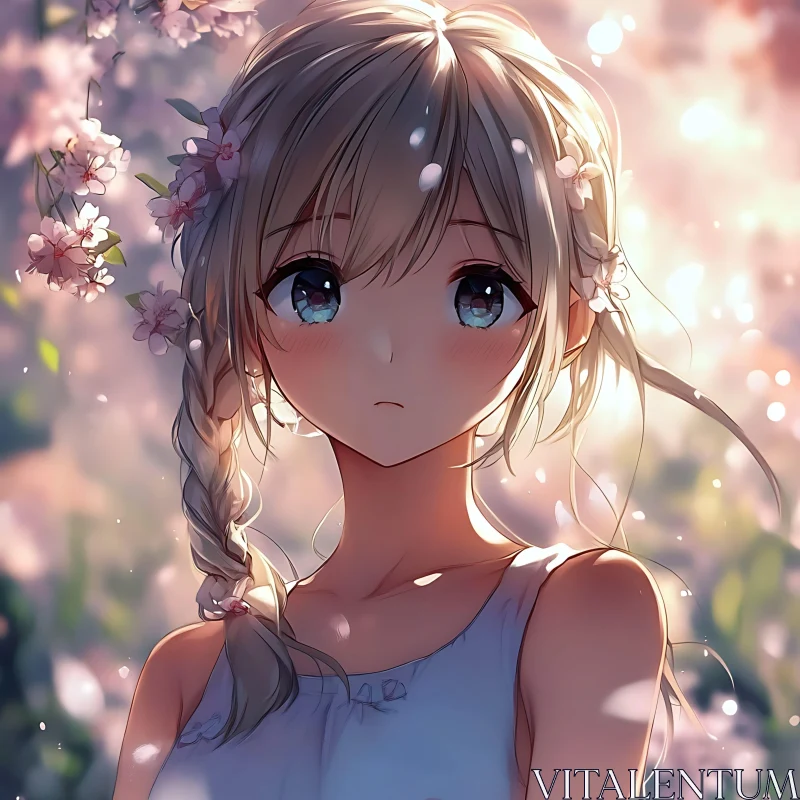 Serene Anime Girl Amid Blossoms AI Image