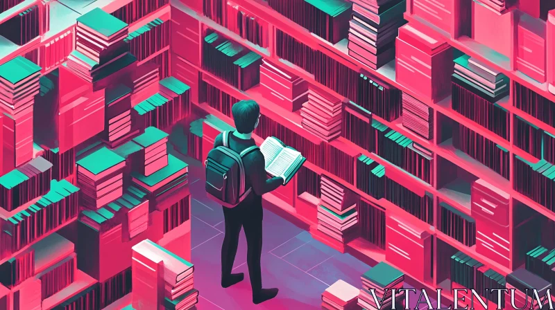 AI ART Person Reading in a Pink and Teal Library