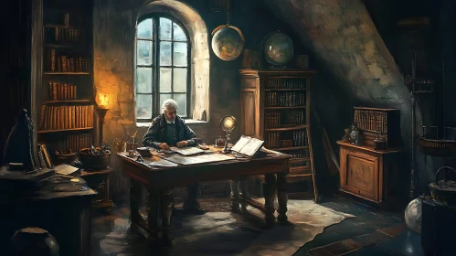 Old Man Studying in a Library