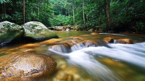 Peaceful Forest Stream with Green Foliage