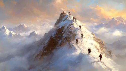 Climbers Ascending a Snowy Mountain Peak