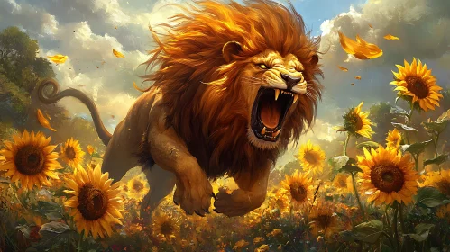 Fierce Lion Among Sunflowers