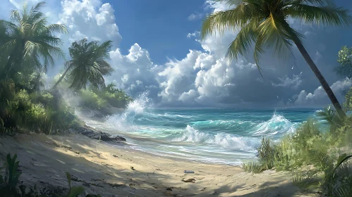 Seaside Paradise: Waves and Palm Trees