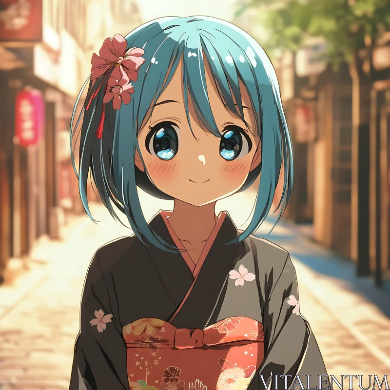 Smiling Anime Girl in Traditional Kimono AI Image