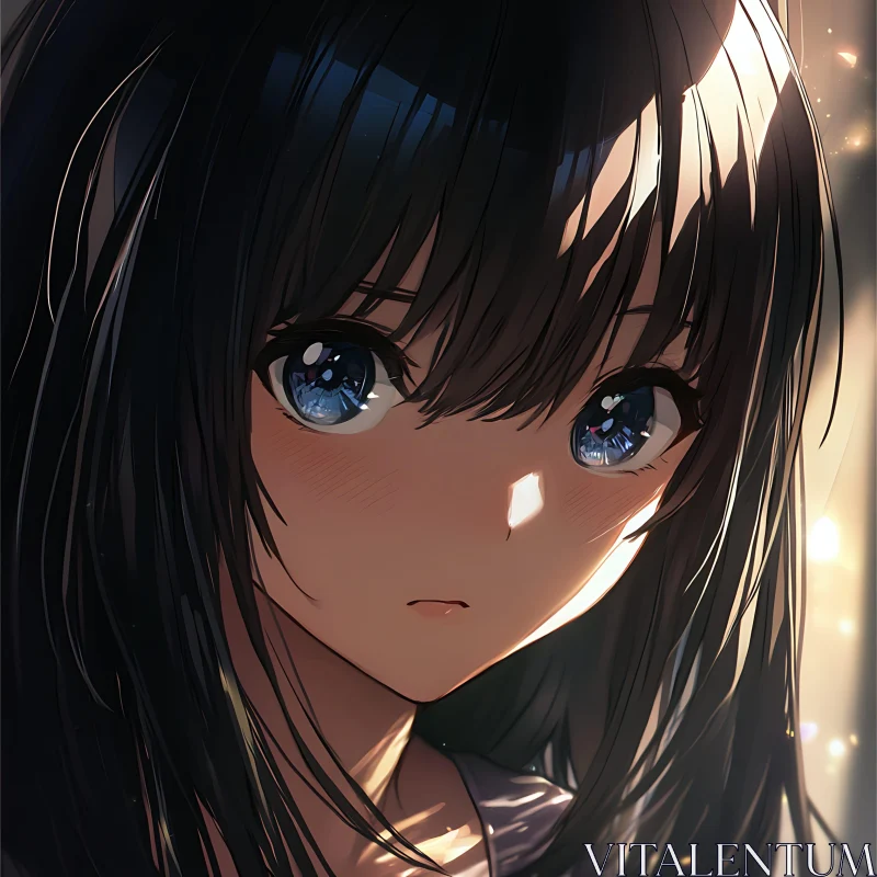 AI ART Anime Girl with Dark Hair and Reflective Gaze