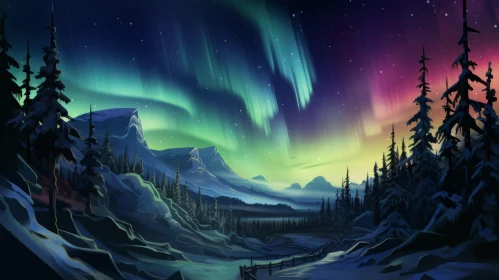 Aurora Lights Over Mountain - A Colorful Spectacle in 2D Game Art Style