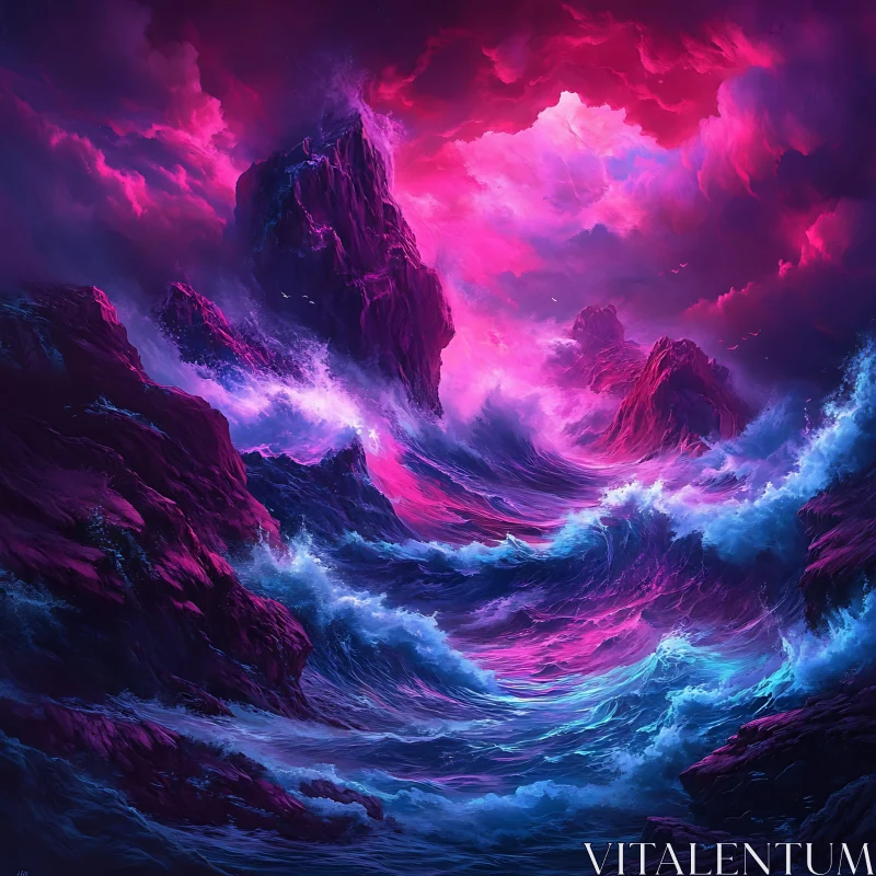 Neon Ocean Waves Crashing Rocks AI Image