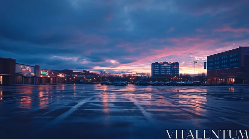 Urban Sunset with Reflections on Wet Pavement AI Image