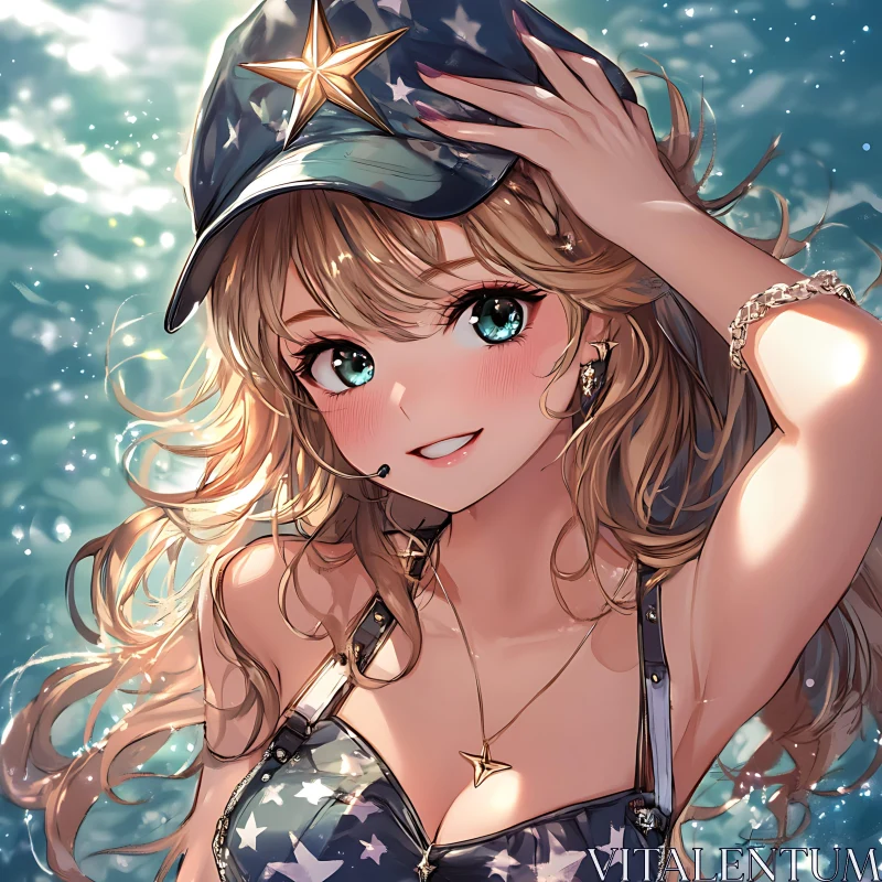 Starry-Eyed Anime Girl in a Stylish Hat AI Image