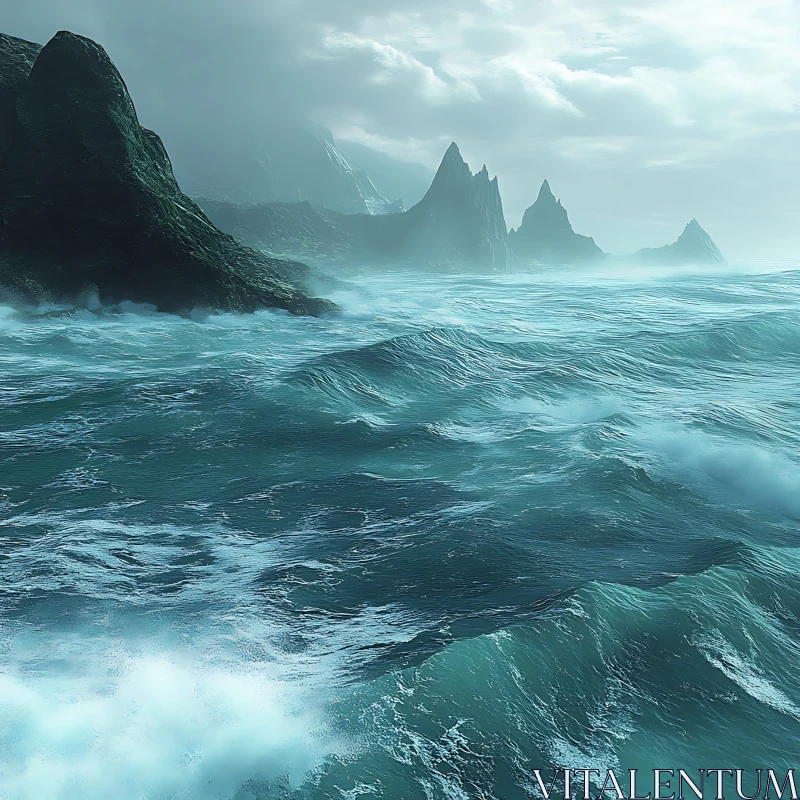 Stormy Ocean View with Dark Cliffs AI Image