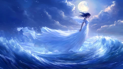 Moonlit Serenity: Woman and the Sea