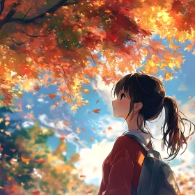 Autumn Anime Scene with a Young Girl